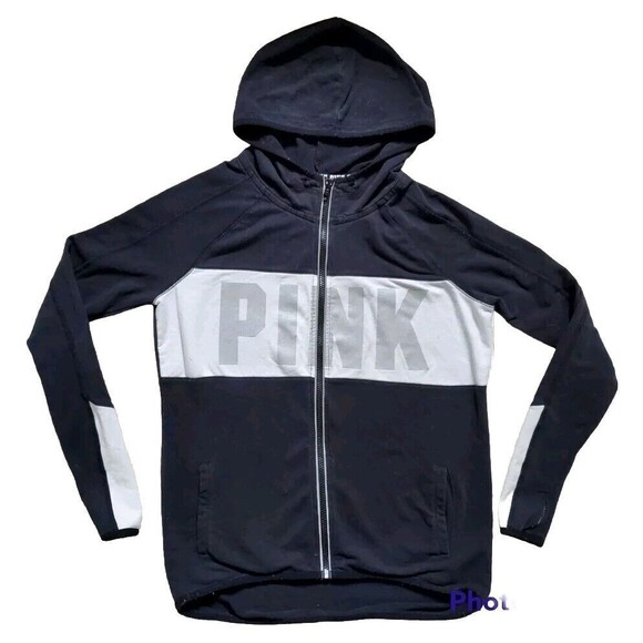 Victorias Secret PINK Jacket Woman XS Black Full Zip Long Sleeve Hoodie Logo - Picture 1 of 4